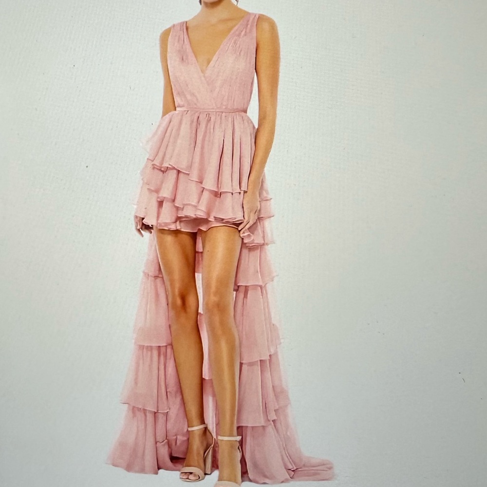 Mac Duggal Spectacular Plunging V-neck Ruffled Asymmetrical Hi Lo  Gown